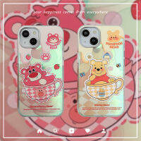 เคสสุดหรูสำหรับ IPhone 11 12 13 14 Pro Max เคสถ้วยอังกฤษช้อนส้อมมีดหมีพูห์หมีวินนี่สตรอเบอร์รี่ฝาหลังรูปการ์ตูนน่ารักเคสโทรศัพท์กันกระแทก