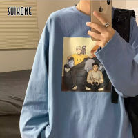 Suikone เสื้อเบลาส์ทรงหลวมเสื้อกีฬาคอกลมเสื้อกันหนาวลายการ์ตูนสำหรับผู้ชายเสื้อยืดอเนกประสงค์แขนยาวสวมทับเสื้อและเสื้อคลุมฤดูใบไม้ร่วง