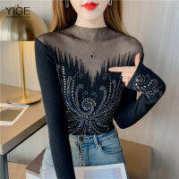 YIGE 2023 new Korean version fashion sexy hollow sweater womens autumn and winter with lace hot drill black top women