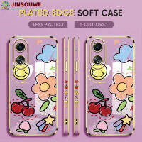 Jinsouwe เคสมือถือเคสโทรศัพท์ OPPO A58 4G Oppoa58เคสโทรศัพท์สำหรับการ์ตูนเด็กหญิงเด็กชายเชอร์รี่พีชขอบสี่เหลี่ยมปลอกอ่อนหรูหราฝาหลังชุบโลหะ