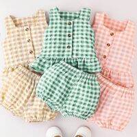 2023 Summer Newborn Baby Girls Two-Piece Outfits Plaid Sleeveless Single-Breasted Ruffles Tank Tops+Elastic Waist Shorts Clothes  by Hs2023