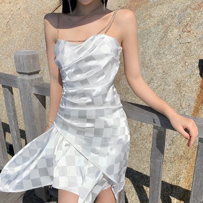 Ice silk grid temperament show thin little white dress fashionable accept waist chain sling irregular women dress