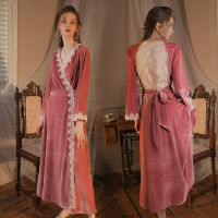 ชุดนอน Dressing Gown Nightdress กำมะหยี่สีทอง Nightgown Kimono Robe เซ็กซี่ V คอ Hollow Lace Nightdress ยาวหลวมเสื้อผ้า