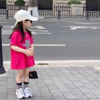 Girls 2023 loose cotton T-shirt bear children childrens cartoon grid short女童纯棉t恤2023宽松童装卡通格子熊儿童短袖上衣潮T818z