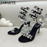 Summer Shining Big Rhinestone S-shaped Ankle Wrap High Heel Sandals Women Sexy Slip-on Stilettos Brand Party Dress Shoes Female