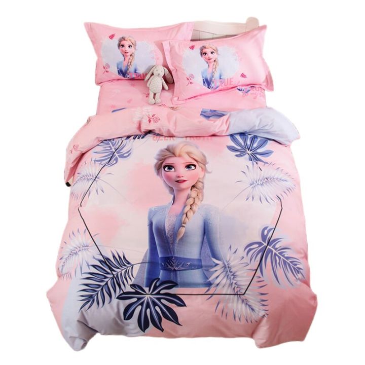 ราชีนีเอลซ่าการ์ตูน-frozen-เด็กผ้าฝ้ายน่ารักสไตล์เจ้าหญิงเด็กผู้หญิงสี่ชิ้นเครื่องนอนผ้าปูที่นอนผ้าคลุมผ้านวมของขวัญสามชิ้น