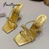 Summer Women Sandals y Butterfly knot Golden Women Heels Design Square Toe Ladies Slipper Party Shoes Gold Sandals