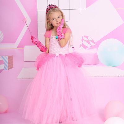 Princess Peach Costume Girls Birthday Outfit Tulle Dress Kids Halloween Cosplay Party Dresses Fairy Tales Dress Up Tutu Dress