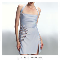 Vinn Patararin - Mini dress in Blue ชุดเดรส คล้องคอ ฉลุลาย