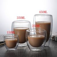 2-6ชิ้น150มล.-450มล. กระจกฉนวนถ้วยน้ำอาหารเช้ากาแฟนมแก้วบอโรซิลิเกตทรงสูง