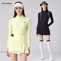 Azureway Korean Style Women Long-sleeve Ice Silk Golf Tops Sunscreen Shirt Pleated Skirt Ladies Anti-light Skort Breathable Clothing Sets