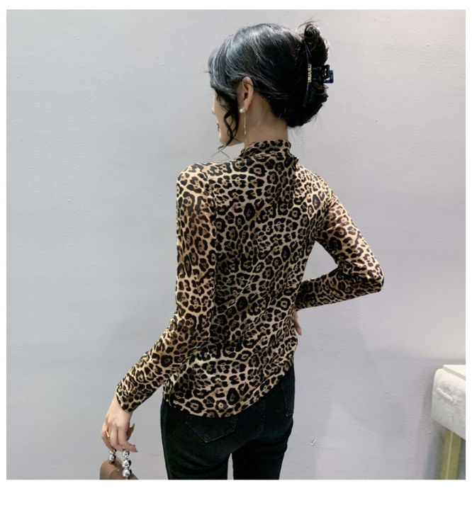 rehin-ของผู้หญิงด้านบนเสือดาวพิมพ์ตาข่ายปั๊มร้อนเจาะกลวงครึ่งคอสูงแขนยาวเสื้อยืดสลิมฟิตโก้เสื้อบอททอม