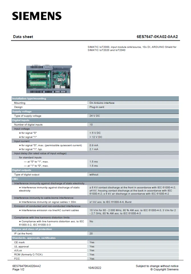 6ES7647 0KA02 0AA2 SIEMENS SIMATIC IoT2000 input/output module, 5x