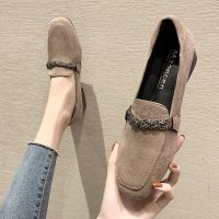 HOT★2023รองเท้าหนังกำมะหยี่ nubuck สำหรับผู้หญิง, รองเท้าสร้อยคริสตัลส้นเตี้ยรองเท้าส้นแบน