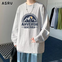 ASRV เสื้อสเวตเตอร์ผู้ชายแบบบางเสื้อยืดวินเทจหลวมคอกลมลายพิมพ์แขนยาวสเวตเตอร์บางลำลอง