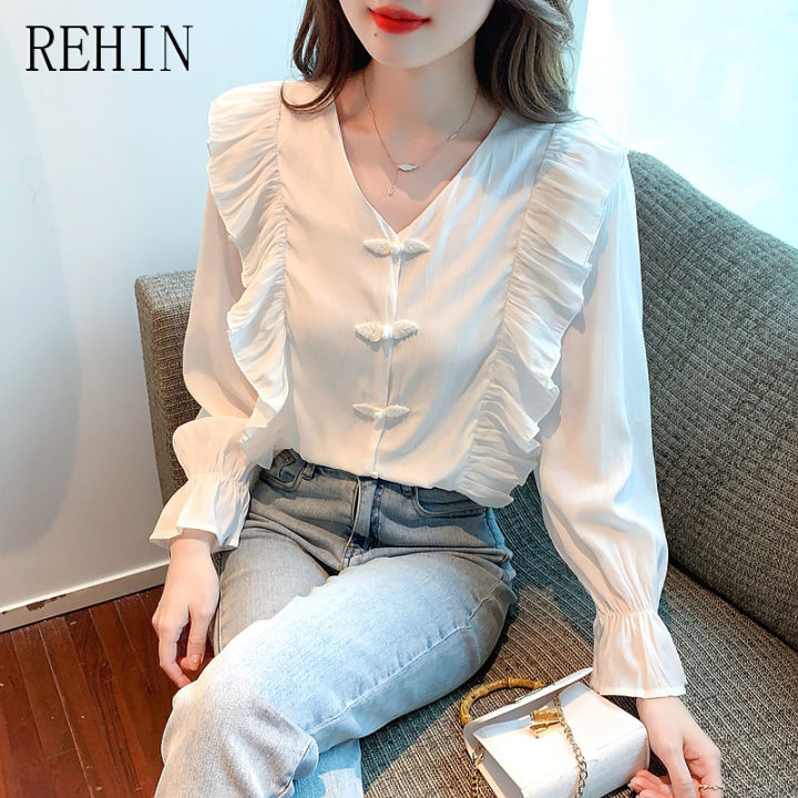 rehin-เสื้อแขนยาวผ้าชีฟองสีขาวสำหรับผู้หญิง-เสื้อผู้หญิงมาใหม่ล่าสุดฤดูใบไม้ร่วงการออกแบบที่ไม่เหมือนใครฝรั่งเศสเสื้อนางฟ้าหวานชิค