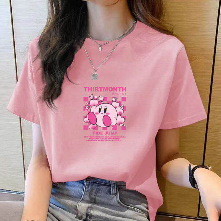 เสื้อยืดสำหรับผู้หญิงคอกลมแขนสั้นพิมพ์ลายการ์ตูนสีดำลำลองใหม่ฤดูร้อนเสื้อแฟชั่นสำหรับผู้หญิงหลวมง่ายสไตล์เกาหลี
