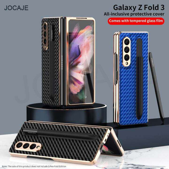 carbon-fiber-s-pen-slot-plating-phone-case-for-samsung-galaxy-z-fold-3-5g-stylus-pen-socket-shockproof-cover-for-galaxy-z-fold3