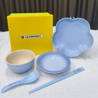 LE CREUSET ชามข้าว Deep Flower Plate ตะเกียบช้อน Gradient สี One Person อาหาร5ชิ้นชุดน่ารัก Tablewar