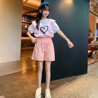 Summer Suit for Girls 2023 New Baby Short Sleeve T-shirt + Loose Shorts Two-piece Set Children Cute Clothing 4 6 8 10 12