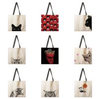 Gray cat print handbag Ladies casual handbag Christmas gift Ladies shoulder bag Foldable shopping bag Beach bag Tote bag