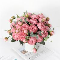 【CC】 30cm Pink Silk Artificial Flowers Bouquet 5 Big and 4 Bud Cheap Fake for Wedding Decoration indoor