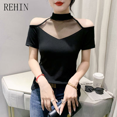 REHIN เสื้อกล้ามผู้หญิงสไตล์เกาหลีแบบใหม่แผ่นตาข่ายแฟชั่น,เสื้อเปิดไหล่แขนสั้นฤดูร้อน