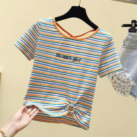 Crop Top Striped เสื้อยืดผู้หญิงแขนสั้น Backless Short Top Women S