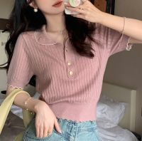 Factory Outlet Peter PanS Love Book French Contrasting Short -Sleeved Knitted Shirt Female Niche Chic And Thin