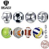 BISAER 925เงินสเตอร์ลิง Ball Series Charm ฟุตบอลวอลเลย์บอลเทนนิสบาสเกตบอล Dumbbel จี้ Fit สร้อยข้อมือ DIY Fine Jewelry