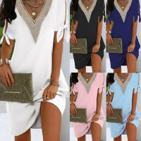 Spot parcel post Spot Cross-Border European and American Womens Clothing New Fashion Craft Split Cuff Bow Solid Color Neckline Lace Dress