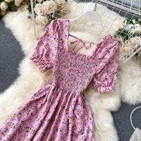 ใหม่แฟชั่น Classy Floral Maxi Dress ผู้หญิงชุดลำลอง Skater Wruffles Sreet Wear