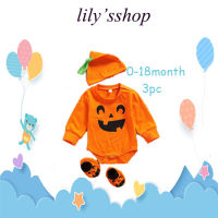 Lilysshop ทารกแรกเกิดเครื่องแต่งกายฮาโลวีน Romper + หมวก + รองเท้าลายพิมพ์แขนยาวเสื้อผ้าแต่งวันฮาโลวีน0-18M