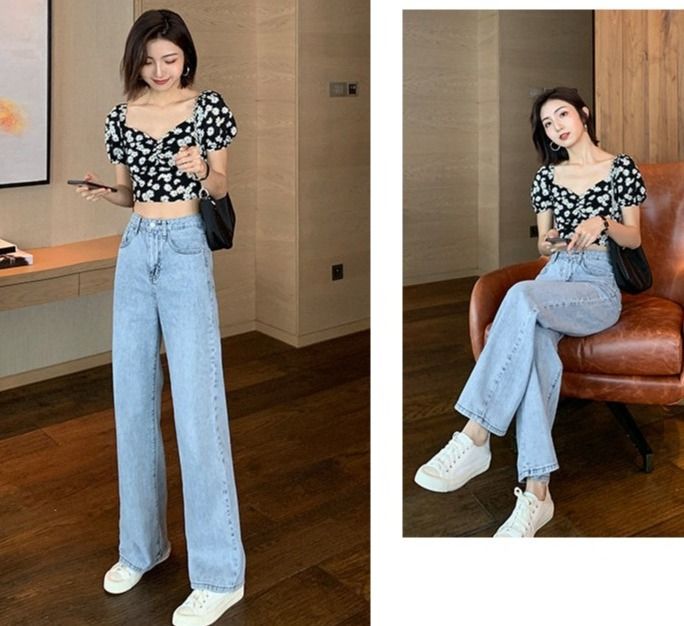 mrs-huang-shop-แฟชั่นเกาหลีรุ่นใหม่เอวสูงกางเกงยีนส์ขากว้างหลวมตรง