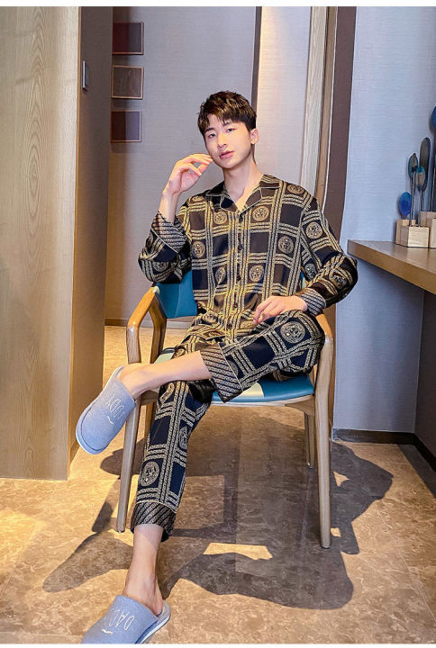 hnf531-suit-hot-original-versaces-new-pajamas-mens-spring-and-autumn-long-sleeved-home-wear-autumn-thin-and-large-size-couple-suit-2-piece-set