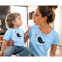 [COD] I love you bird cute cartoon parent-child polyester T-shirt and daughter family European cross-border