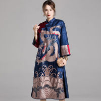 2022ใหม่ Cheongsam ดัดแปลงชุดจีน Retro Jacquard เย็บปักถักร้อยขนาดใหญ่หลวม Slim Dresses