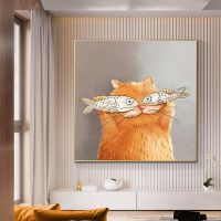 2023℗▫✉ Nordic Modern Wall Art Canvas Painting Cartoon Cat With Fish Posters And Prints For Kids Room Cute Animal Hom Decoration