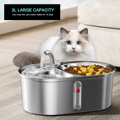 เครื่องน้ำพุและให้อาหารแมว3L แบบ2 In 1ปั๊มที่เงียบมากชามคู่การกินการดื่มสัตว์เลี้ยงสแตนเลส