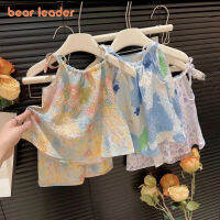 Bear Leader 2023ชุดสำหรับเด็กผู้หญิงสำหรับฤดูร้อน,ใหม่ชุดเสื้อผ้าสไตล์ภาพวาดสีน้ำมันย้อมสีรัศมีปีกางเกงขาสั้นสองชิ้น