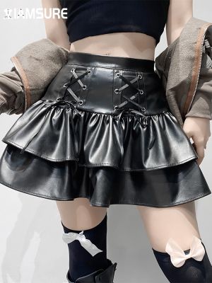 【CC】№✟  IAMSURE Gothic Bandage Pu Pleated Skirt Darl Leather Waisted Skirts 2021 Fashion Preppy Streetwear