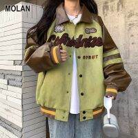 MOLAN แจ็กเก็ตแขนหนังเย็บต่อกันดีไซน์สตรีทสูงสำหรับทุกเพศดีไซน์ Jaket Baseball