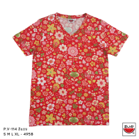 แตงโม (SUIKA) เสื้อยืดคอวีแขนสั้น ลายดอกไม้  (P.V- 114)