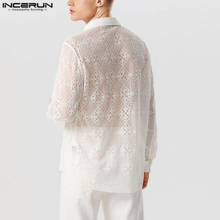 incerun-เสื้อลูกไม้เสื้อเชิ้ตลายดอกกระดุมแขนยาวสำหรับผู้ชายเสื้อลายลูกไม้เสื้อเชิ๊ตตัวบนเสื้อยืด-สไตล์ตะวันตก