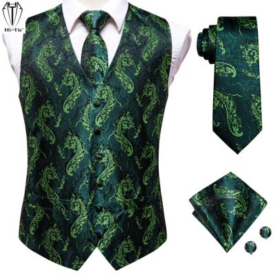 Hi-Tie Luxury Silk Mens Suit Vests Green Floral 4PC Jacquard Waistcoat Men Vest Tie Hanky Cufflinks Set for Dress Wedding Gift