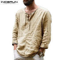 (Western Style)  INCERUNแขนยาวสำหรับผู้ชายเสื้อผ้าฝ้ายย้อนยุคลูกไม้ขึ้นคอVชายหาดเสื้อบนวันหยุด