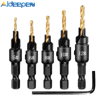 Aideepen 5ชิ้น Countersink เจาะงานไม้สว่านชุดเจาะนักบินหลุมสำหรับขนาดสกรู #5 #6 #8 #10 #12ด้วยเครื่องมือประแจ