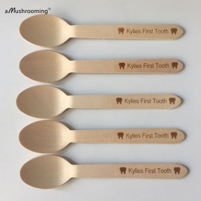 100pcs First Tooth Party Spoons Girl Boy Cake Dessert Spoons Personalized Wood Spoon Teething Birthday Tableware Baby Shower