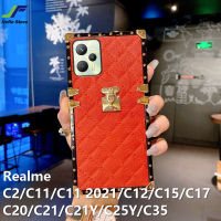 JieFie หรูหราสำหรับ Realme C35 / C15 / C12 / C11 / C17 / C2 / C20 / C21 / C21Y / C25Y / C11 2021แฟชั่นสแควร์ Lattice Vintage โทรศัพท์กลับปก