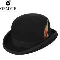 4 Sizes 100% Wool Felt Black Derby Bowler Hat For Men Women Feather Satin Lining Casual Formal Fedora